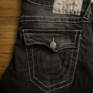 True Religion Ricky Straight Leg Jeans Black/Grey Wash White Stitch Size 33